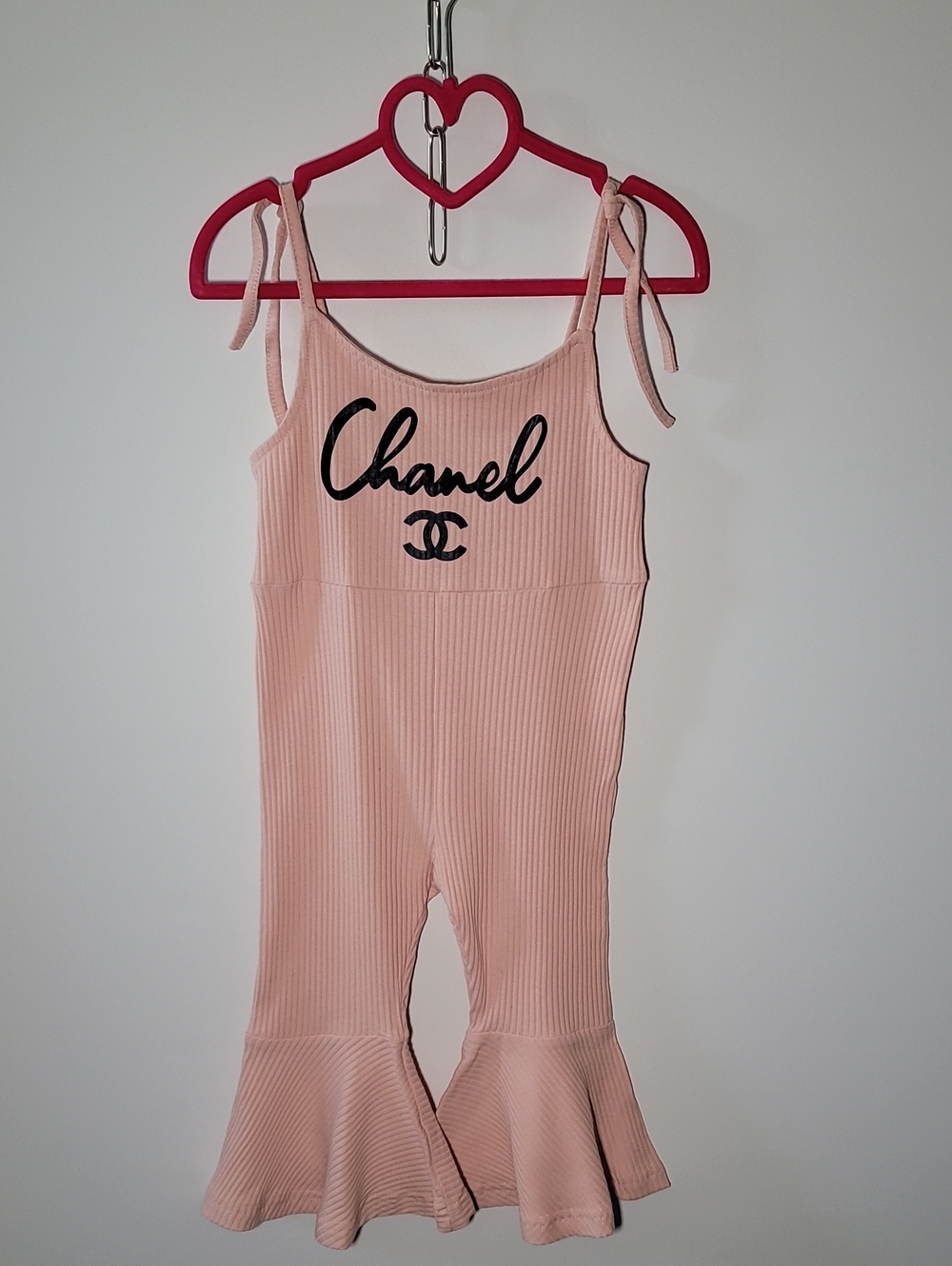 CHANEL Pale Pink Ribbed Tie-Strap Jumpsuit with Flared Hem